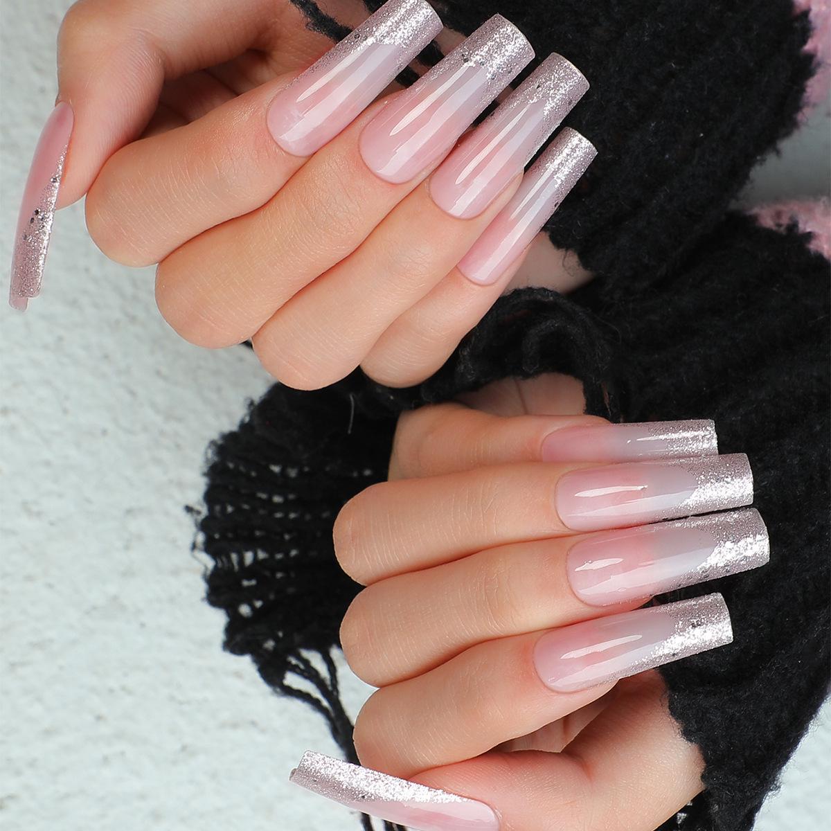 

Silver Glitter French Long Pipe Wearable False Nails - 24-Piece Set