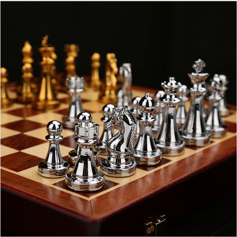 Gold Silver Luxury Zinc Alloy Chess Figures 30*30*2.8Cm Wooden Chess Set Folding Retro Home Chess Decoration Set Chessboard Game