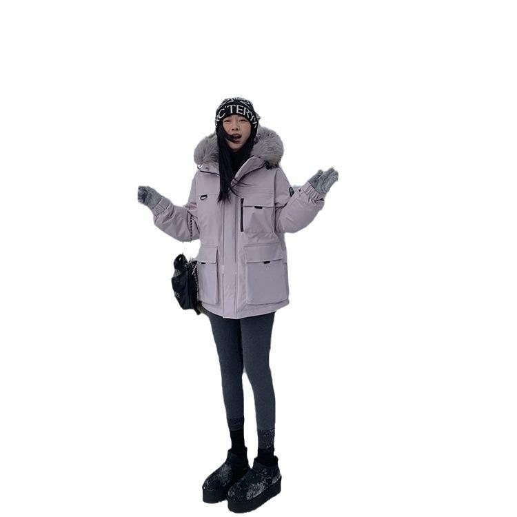 Veste en duvet de canard blanc pour femme 2024 - Longueur moyenne/longue, vêtements de travail à la mode, coupe ample avec grand col en fourrure, épaissie pour plus de chaleur