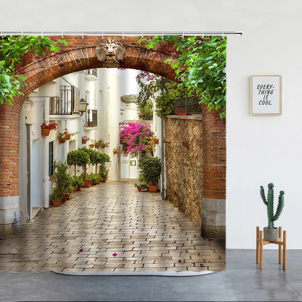 Landschaft Straße Blume Duschvorhang Retro Italienische Altstadt Architektur Floral Wasserdichtes Tuch Badezimmer Vorhänge Dekor Haken