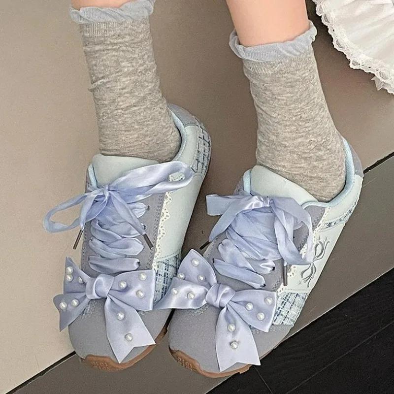 Fashion Hot Selling Thick-Soled 2025 Pearl Beaded Sweet Heart Casual Sports Shoes Women's Bowknot Ballet Flats Women Zapatillas De Mujer