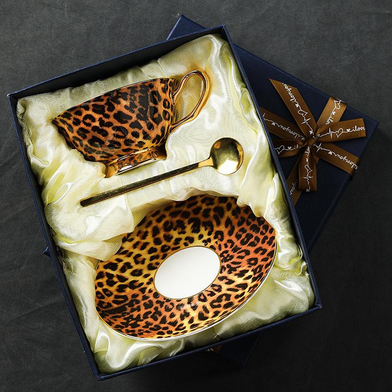 Leopard Pattern Bone Control Porcelain Premium Coffee Cup European Small Luxury Afternoon Tea Cup Set Ceramic Cup and Plate
