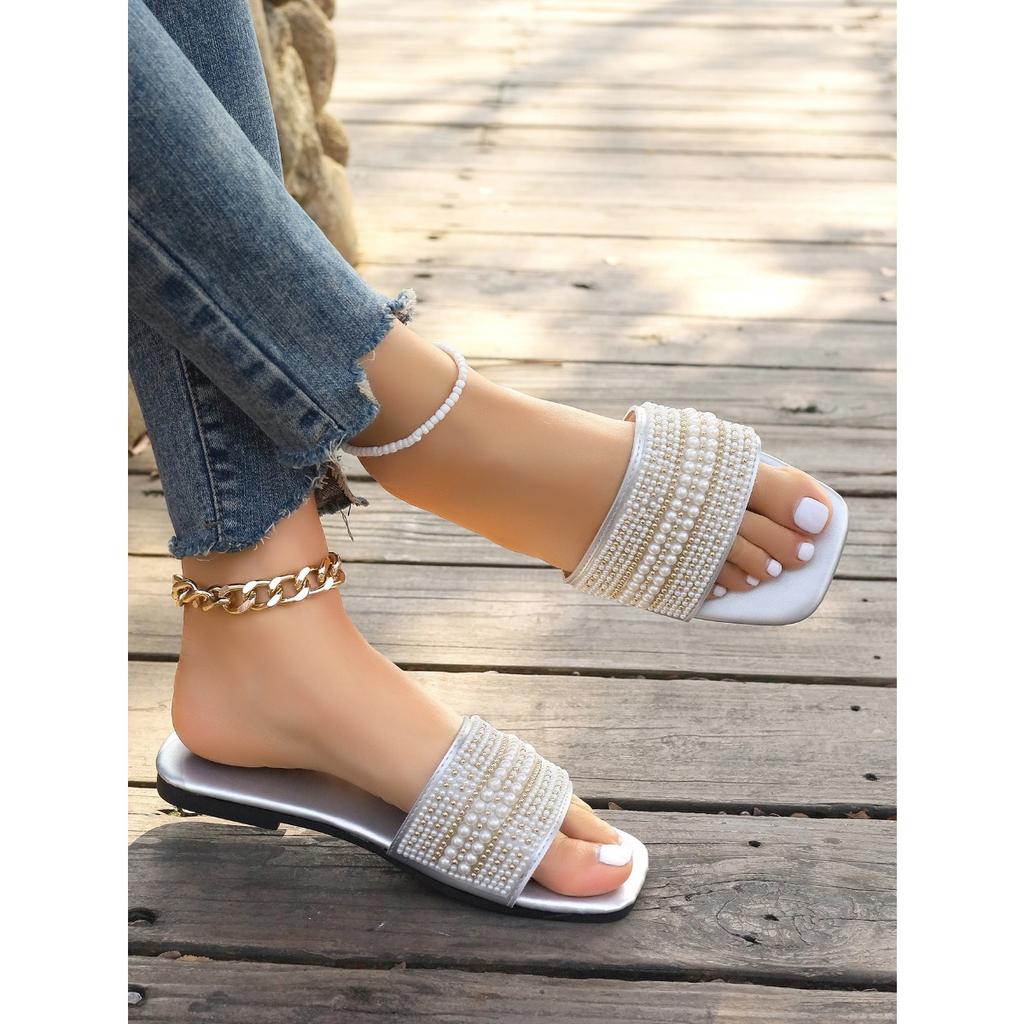 Ladies' Multi-layer Sparkling Diamond Toe Cover Sandals -Suitable for Casual, Party, Vacation, Fashionable Black Beach Shoes | Rubber Sole Single Shoe