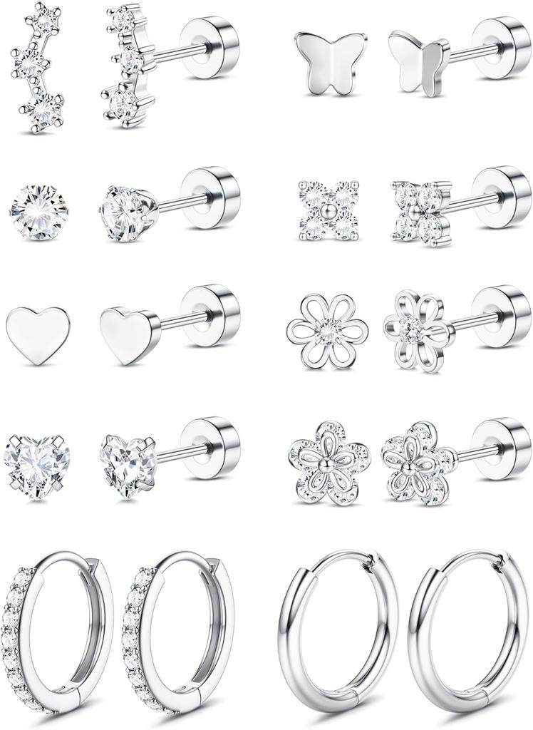 Bobisty Surgical Steel Flat Back Earrings for Women 14K Gold Plated Heart Flower Stud Earring Set Hoop Cartilage Earring Stack