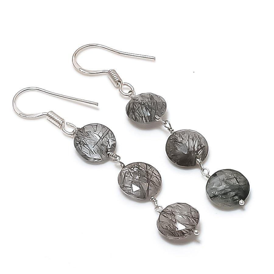 

Black Rutile Gemstone Handmade 925 Sterling Silver Jewelry Earring 2.36 KJ-905