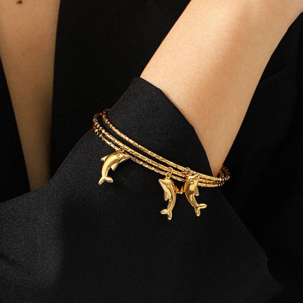Neues 18K Gold Dreiteiliges Set Sonnenblume Delfin Anhänger Armband für Damen, Modisch und Hochwertig
