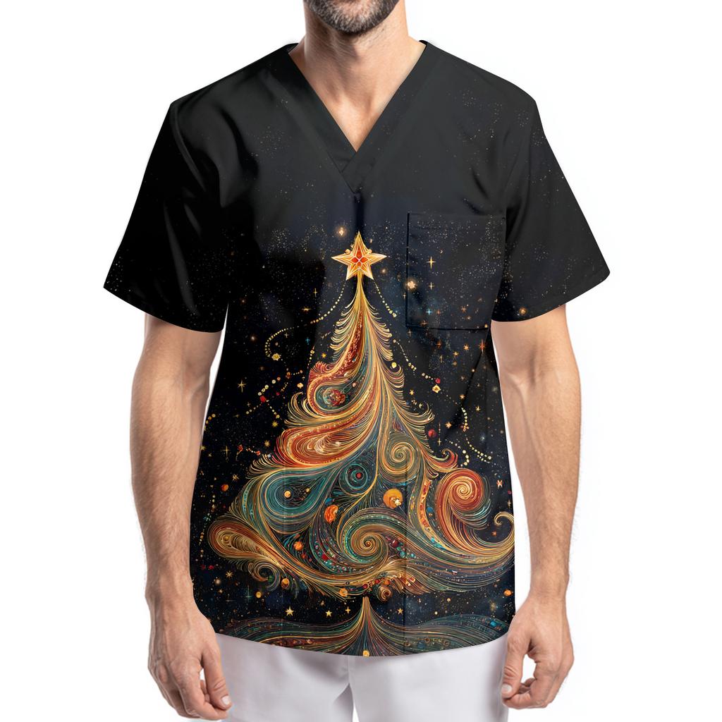 Men's Printing Short Sleeve V-neck Working Blouse Chest Pocket Carer Top