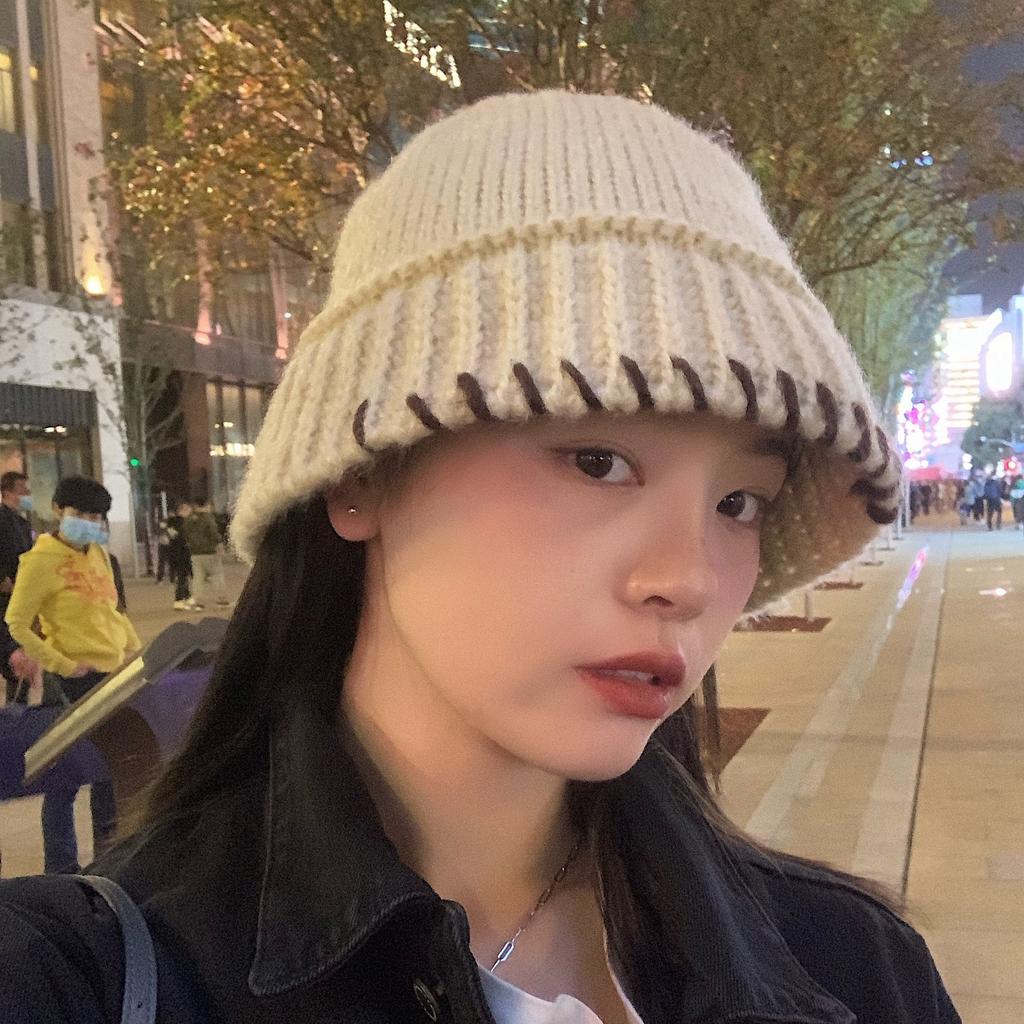 Korean Handmade Crochet Yarn Bucket Hat for Women In Autumn and Winter Retro Versatile Warm Fisherman Hat