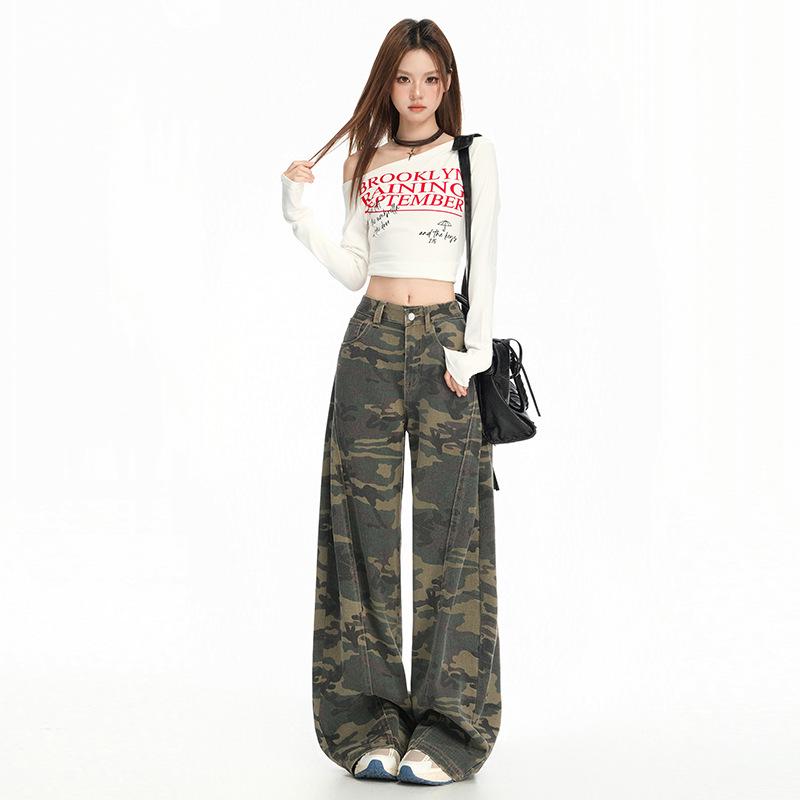 

Women s High Street Camouflage Wide-Leg Jeans - Autumn Loose Fit with Slimming Draped Scimitar Cut L