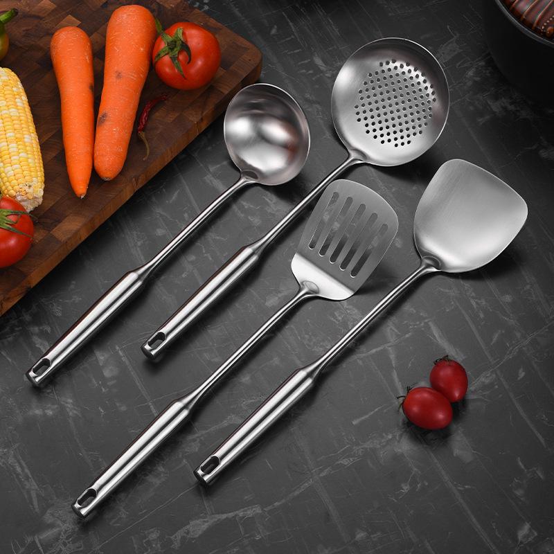 Stainless Steel Kitchenware Set: Stand-up Spatula, Thickened Soup Ladle, Hollow Handle, Integrated Design