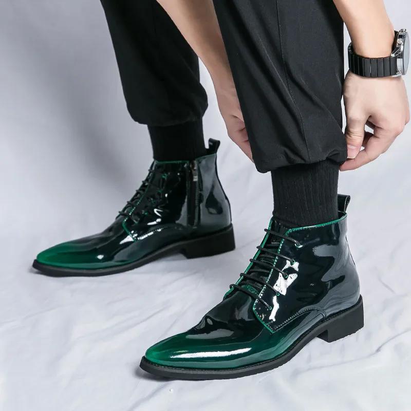 Fashion Design Pink Men High Top Wedding Shoes Leather Bright Chelsea Boots For Man Flat Lace-up Men's Pointed Boots Big Size 47