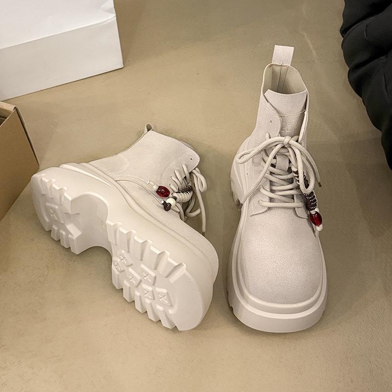 

Sweet and cool simple versatile casual Martin boots autumn and winter super thick heel thick sole women s boots British style lace up thick heel short 35 серый