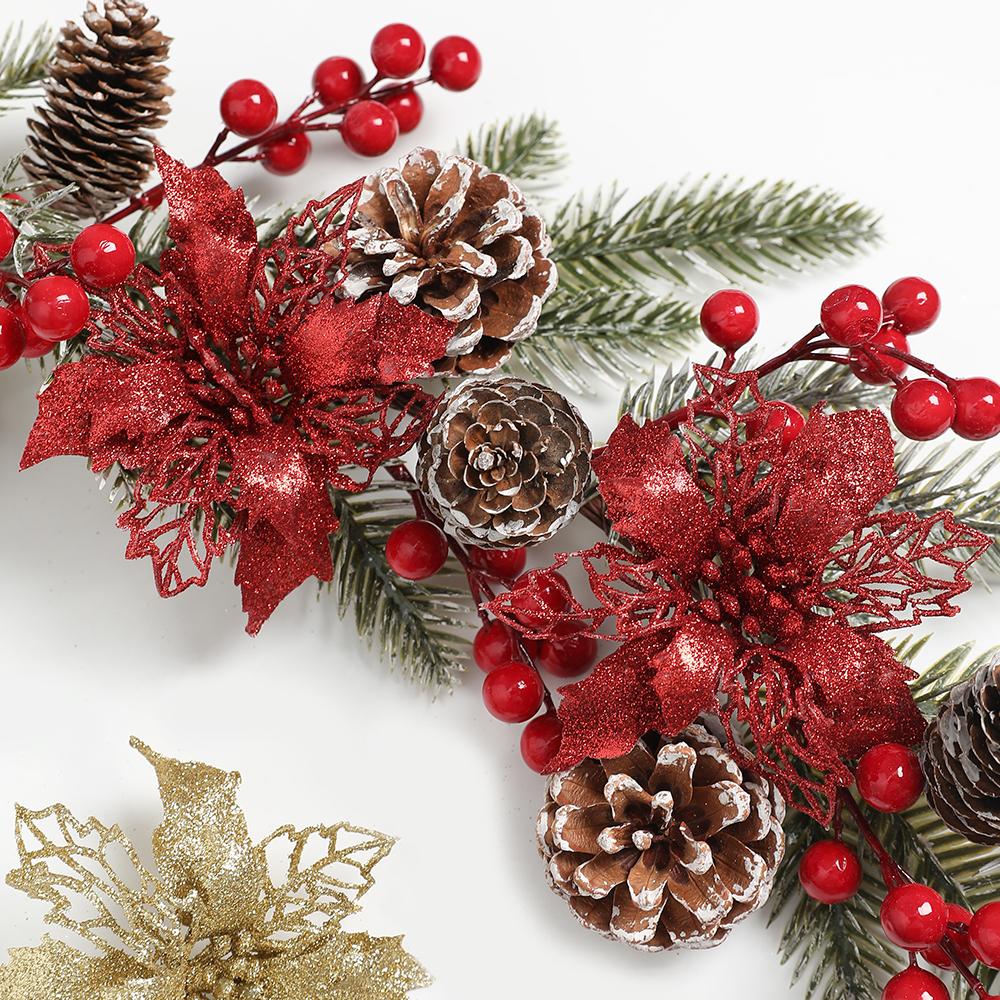 5/10Pcs Glitter Christmas Decorations Artifical Flowers Xmas Tree Garland Fake Flowers for Home Decor Navidad New Year Accessory