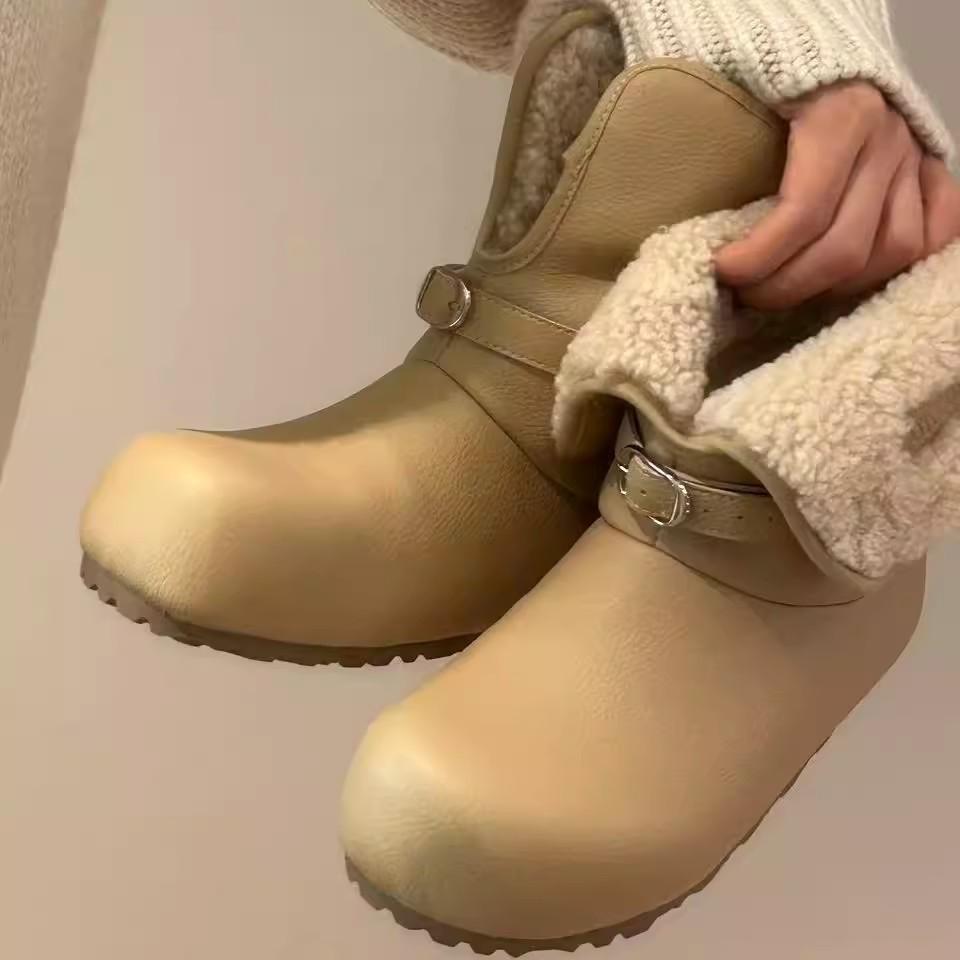 Women's leather two-wear fashion lightweight soft sole winter warm fur one snow boots padded lining non-slip casual sports cotton boots