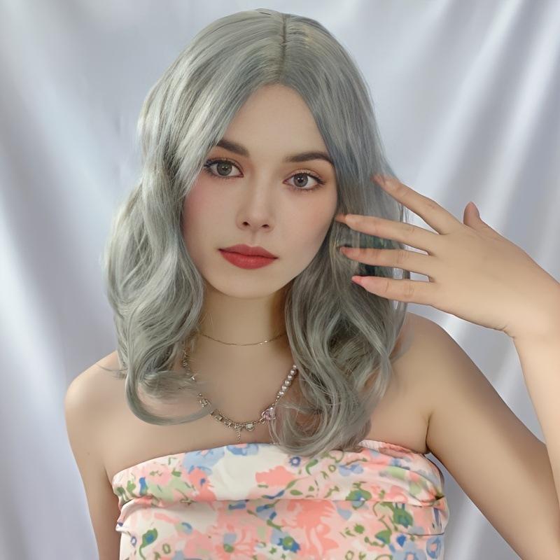 Female Synthetic Silver Grey Wig Fluffy Fake Hair for Woman Daily Cosplay Loose Wave Wig Heat Resistant Fibre