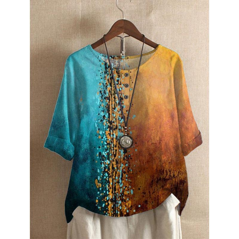 

YYFS Женская мода повседневная летняя весна цветочный узор принт блузки и рубашки с круглым вырезом рукава 1/2 XXXL