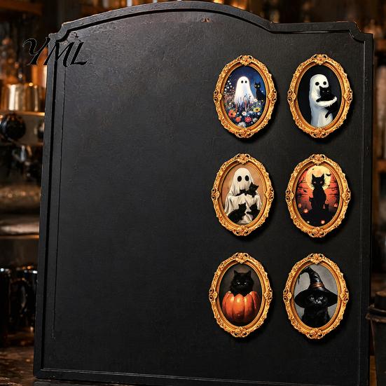 Refrigerator Magnet Set 1/6Pcs Halloween Retro Frame Magnet, Wooden Fridge Kitchen Appliance Accessories Decoration, Memo Note Holder for Holiday