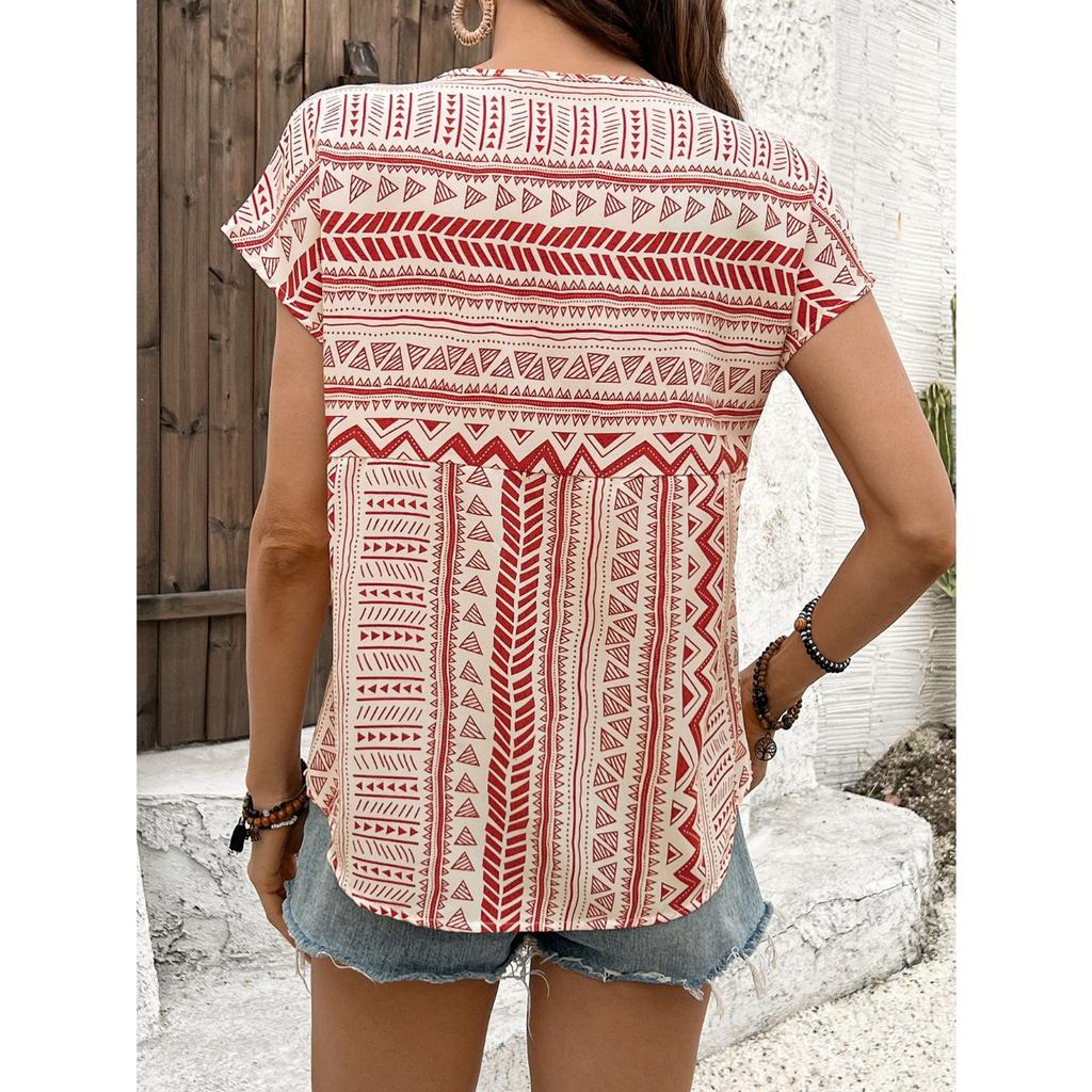 GMXIA Women's European and American Geometric Pattern Round Neck Short-sleeved Shirt Top