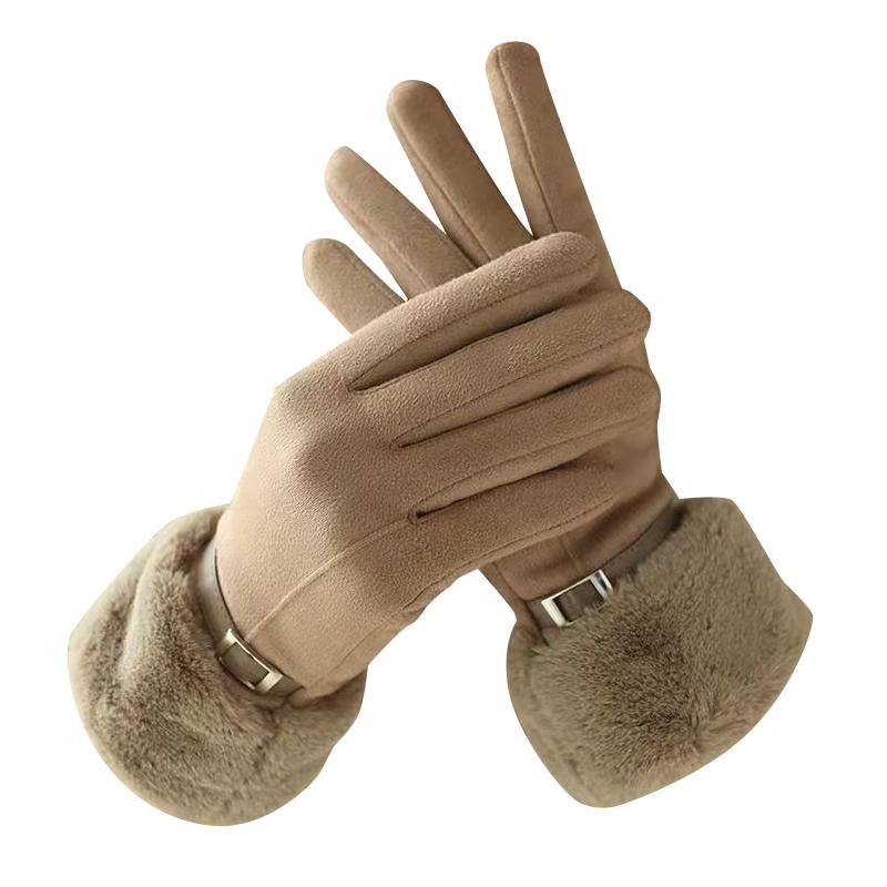 Autumn Winter Warm Suede Gloves Plus Velvet Thickened Plush Decor Cuff Gloves Outdoor Coldproof Touchscreen Riding Ski Gloves
