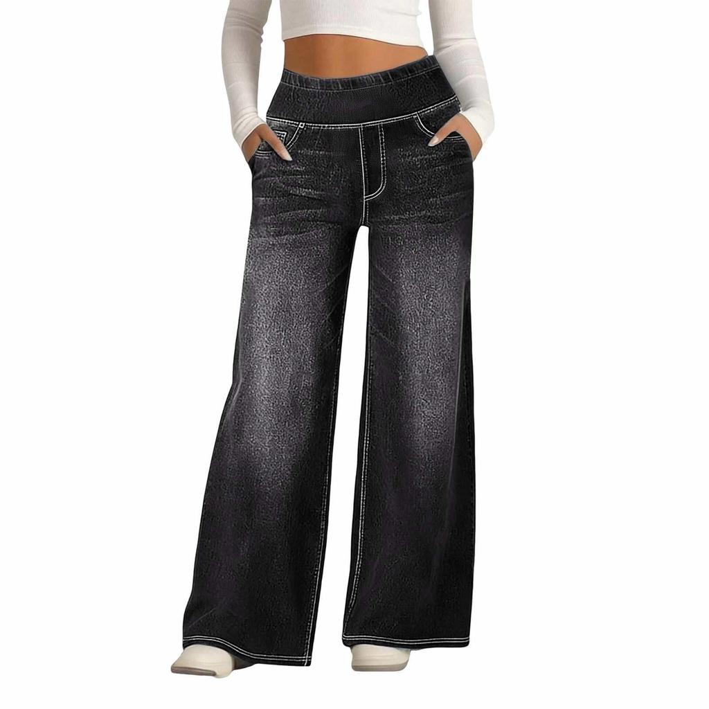 Women Wide Leg Relaxed Fit Denim Trousers Casual High Waisted Straight Pants Jeans