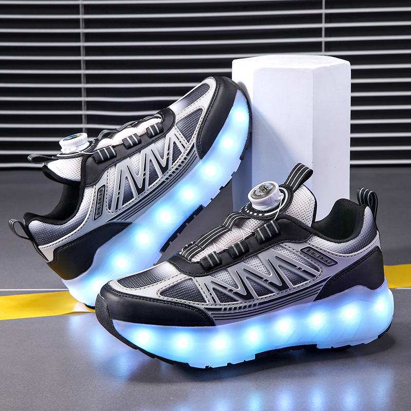 Chaussures de Sport à Lumières pour Enfants Chaussures à Roulettes Chargement et Démontage Chaussures à Roulettes à Quatre Roues LED Baskets Lumineuses pour Enfants