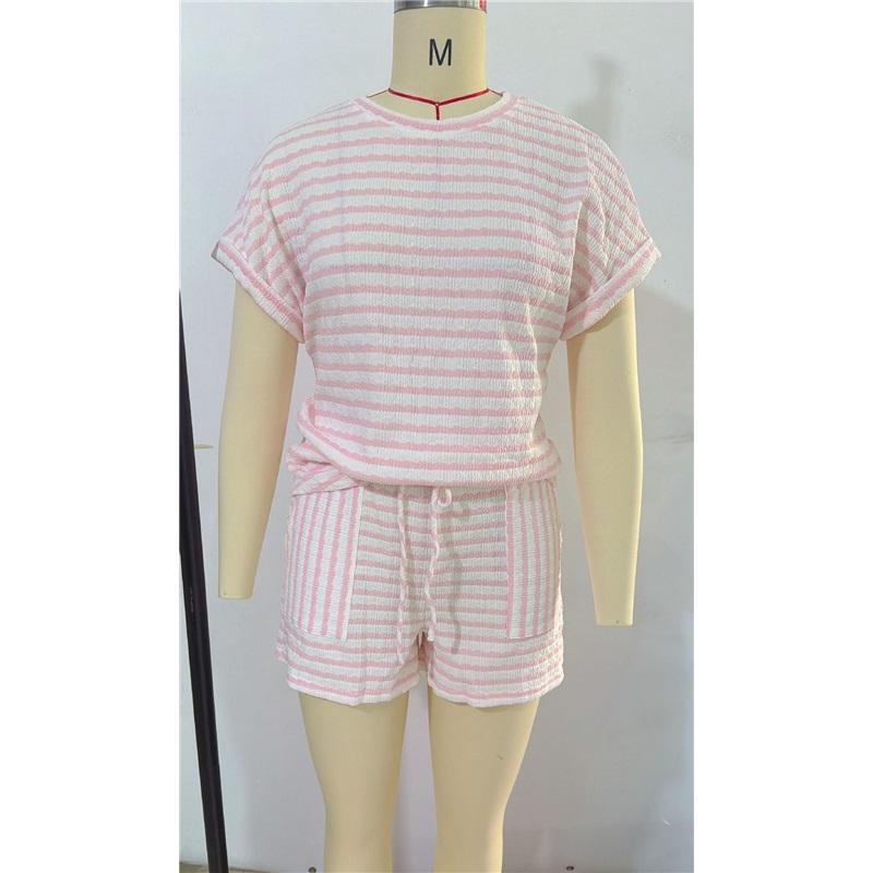 Women's 2Pcs Striped Pajama Set Short Sleeve T-Shirt + Drawstring Shorts Casual Loungewear For Summer Loose Fit Homewear
