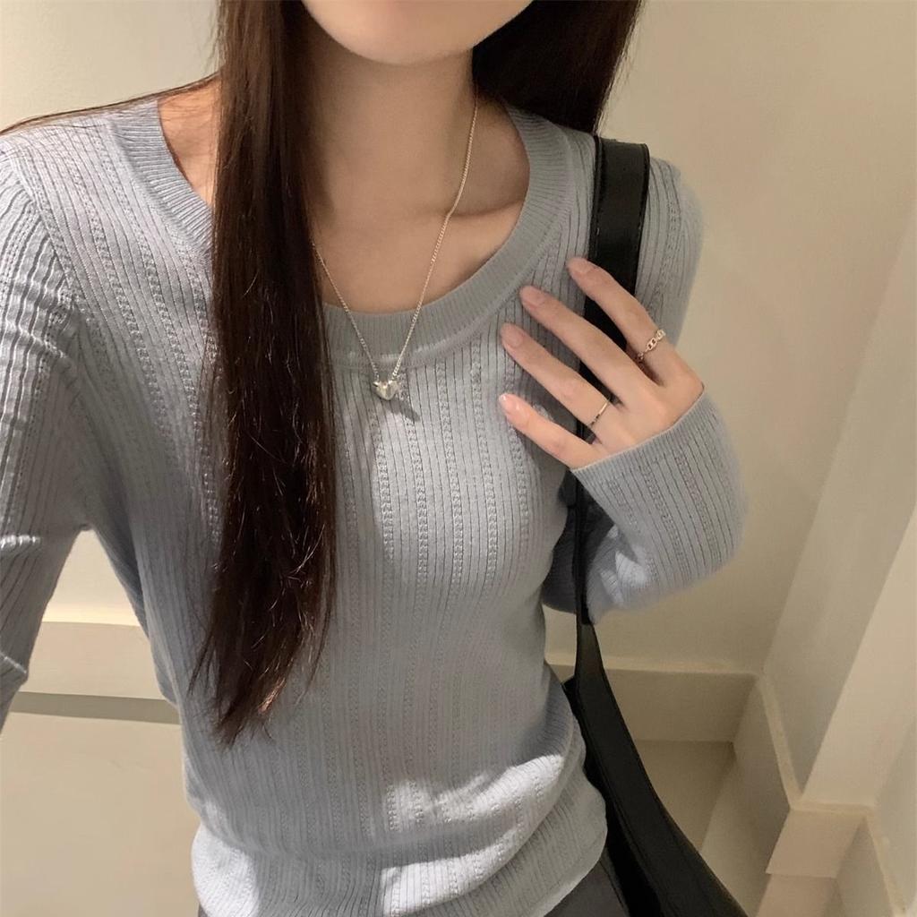 Korean Style Slim Fit Elegant Thin Round Neck Pullover Soft Knitwear Spring Base Layer Long Sleeve Versatile Top For Women