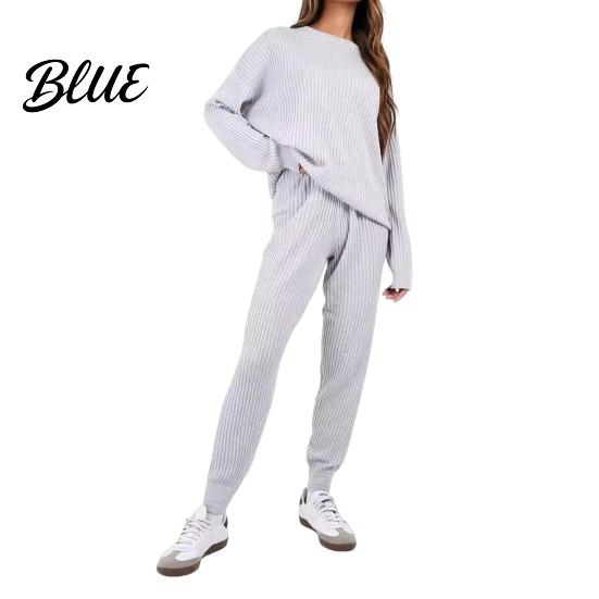 Women Commuter Suit 2 Pcs/Set Top Pants Knitted Round Neck Long Sleeves Plus Size Solid