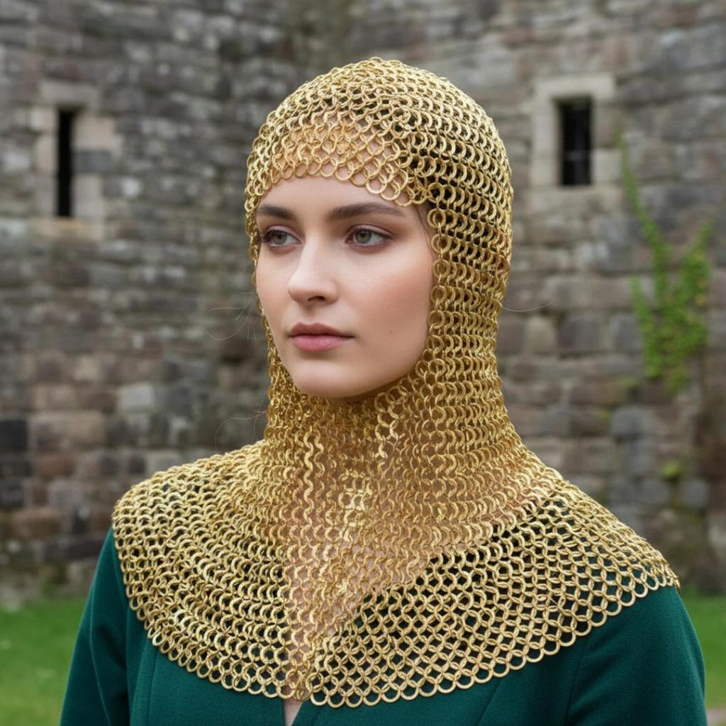 Cotta di Maglia in Ottone 9mm Anelli Piatto Rivettati Cappuccio da Cavaliere Medievale Costume Armatura