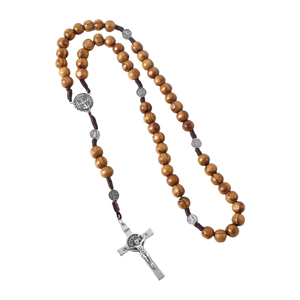 Braided Wood Beads Chain Rosary Necklace with Pardon Crucifix Crosses Medals Pendant Christians Religious Communion Gift