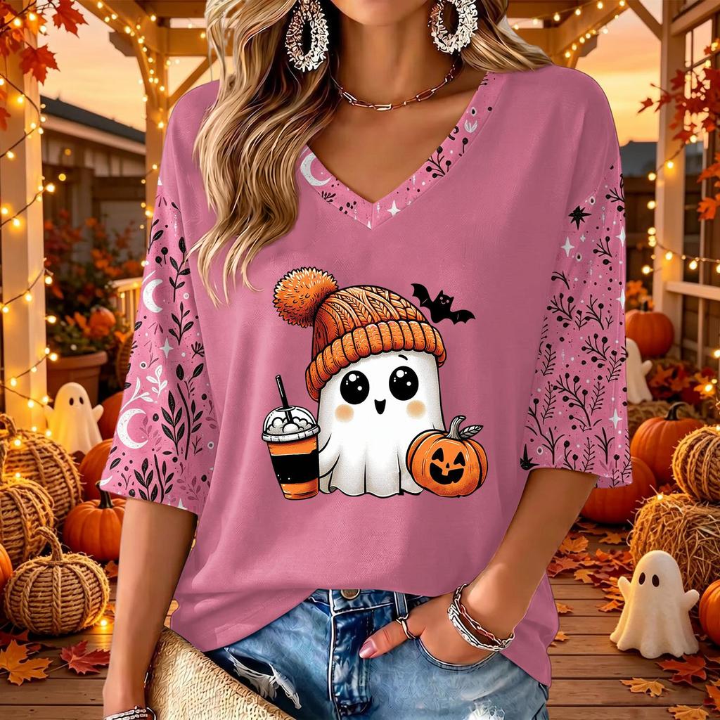 Women's V-Neck Halloween Print Casual Three-Quarter Sleeve Top