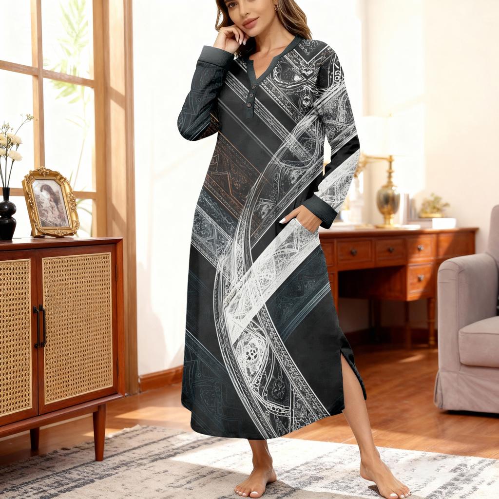 Women's Nightgown Long Loungewear V-neck Nightdress With Pockets