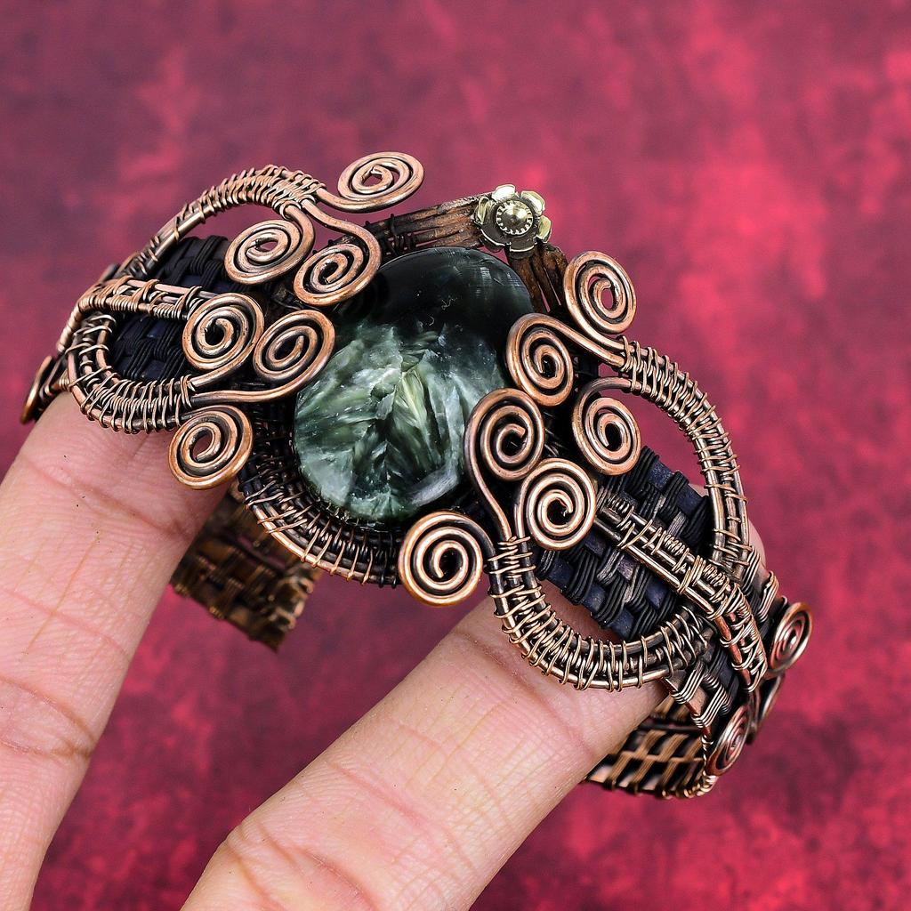 Seraphinite Cuff Bracelet Copper Wire Wrapped Adjustable Bangle Wire Wrapped Gemstone Jewelry Handmade Bangle Gifts for Wife Copper Jewelry