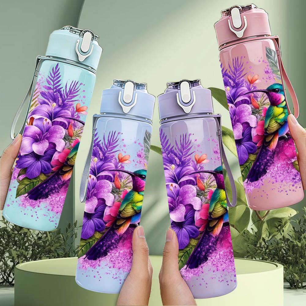 1PC Purple Parrot Tropical Bird Art Print 750ml Color Plastic Sports Water Bottle Leakproof Flip Straw Lid Suitable for Sports Office Home Use