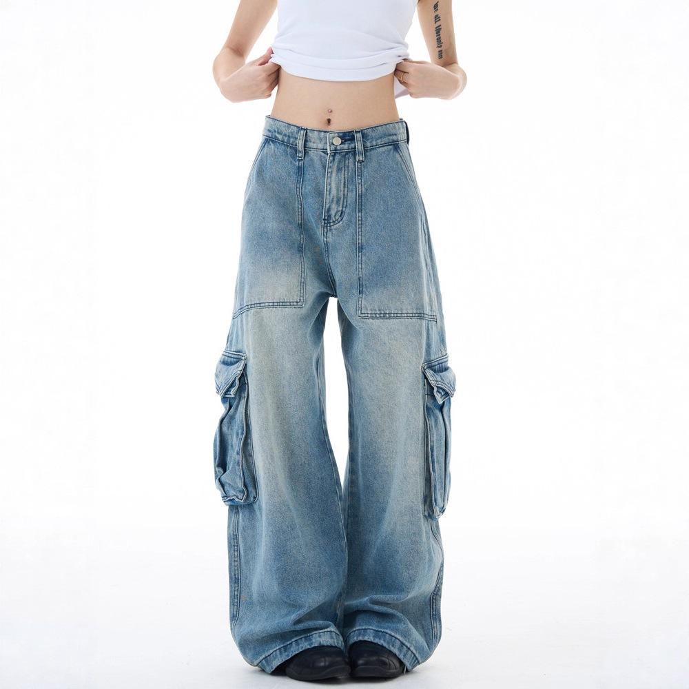 American retro light-color scimitar tooling jeans men's and women's loose, lazy and relaxed casual couple pants