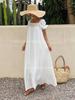 2025 summer new European and American cross-border foreign trade summer lace square collar pleated bubble sleeve long skirt seaside vacation style