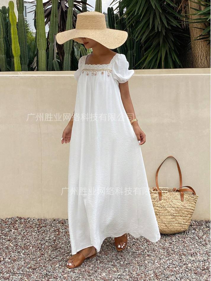 2025 summer new European and American cross-border foreign trade summer lace square collar pleated bubble sleeve long skirt seaside vacation style
