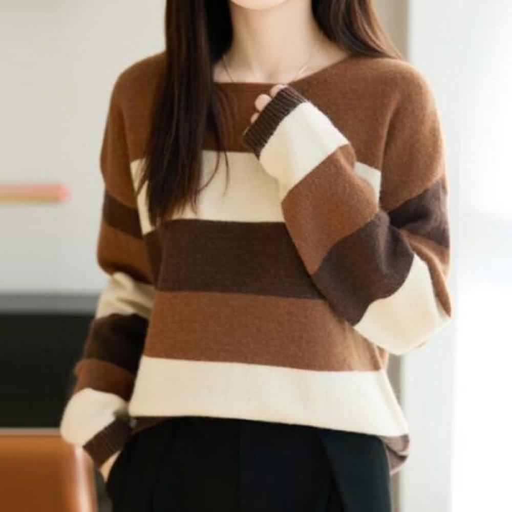 Navava Women Striped Colorblock Long Sleeve Knit Top Nk3529