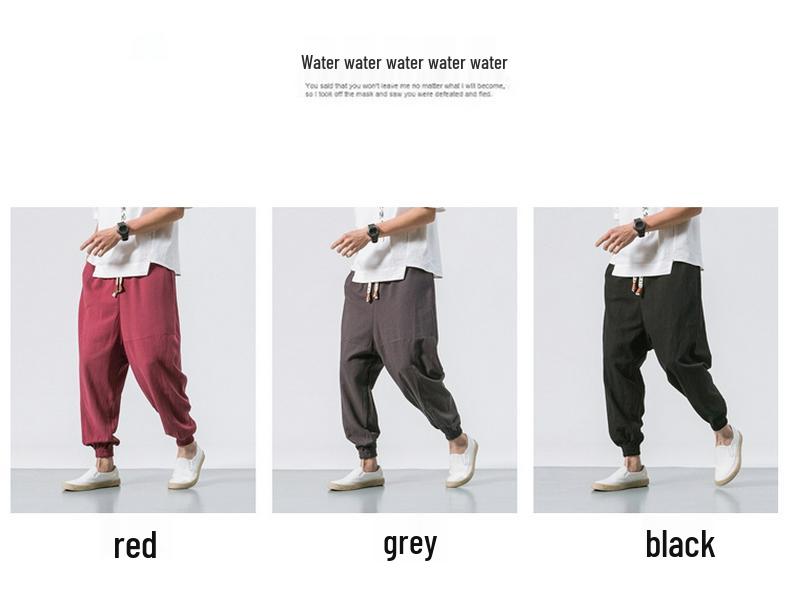 2022 Men's Loose Linen Ankle-Length Drawstring Trousers - Youthful Spring/Summer Style, Plus Size, Solid Color.