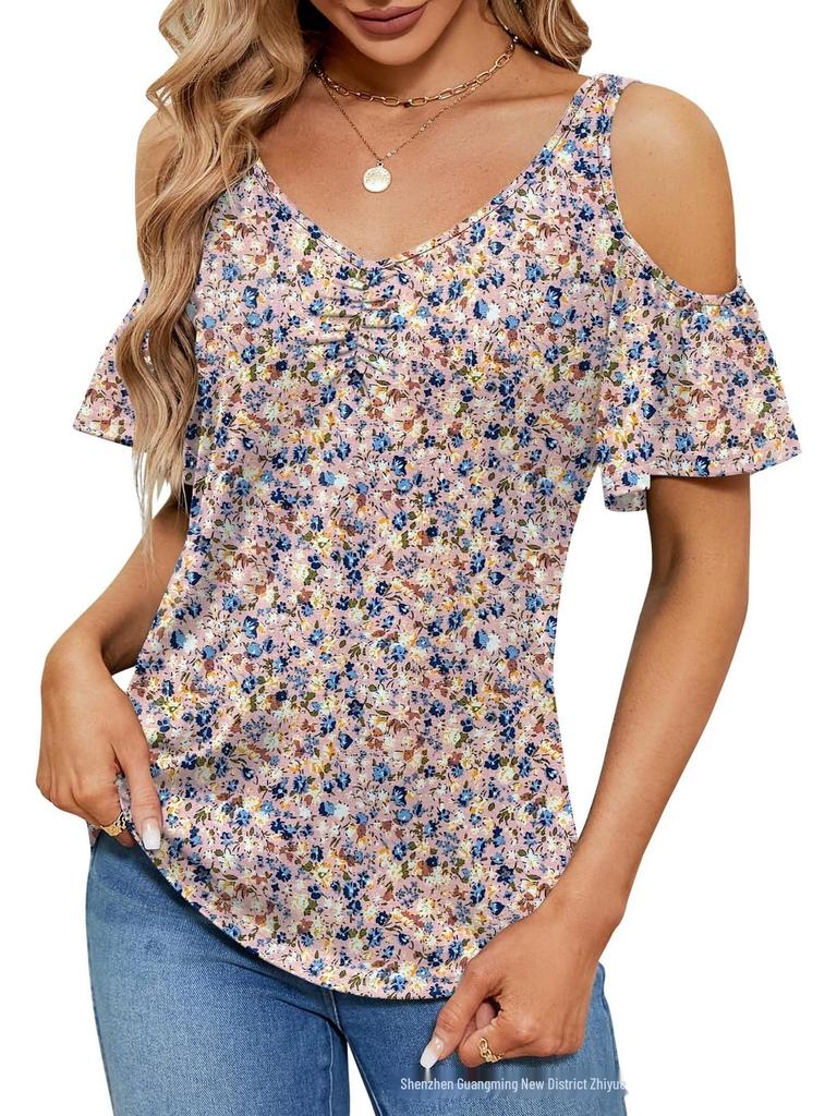 2025 Summer Off-the-Shoulder V-Neck Print Top for Women