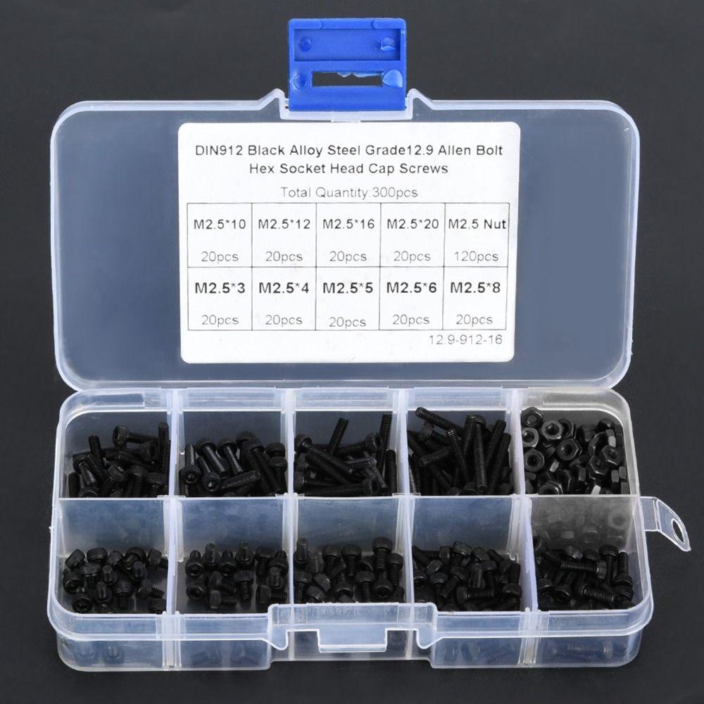 300pcs Alloy Steel Hex Socket Head Screws for automotive maintenance, household use.