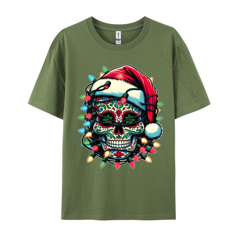 

Christmas Sugar Skull Santa Hat Lights Day Of The Dead X-Mas Tshirts Men Tee Tops Cotton Oversized T Shirt Men Clothes 4XL