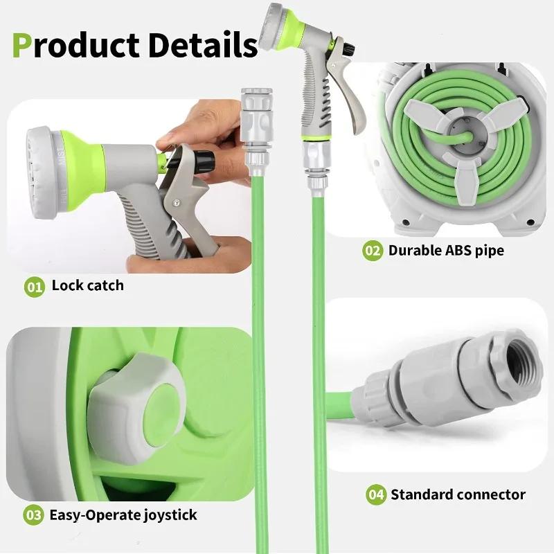 46FT Pro Garden Hose Reel 7 Pattern Nozzle Adjustable Wall Mount Precision Length Lock Water Saving Design for Lawn Bed Cleaning