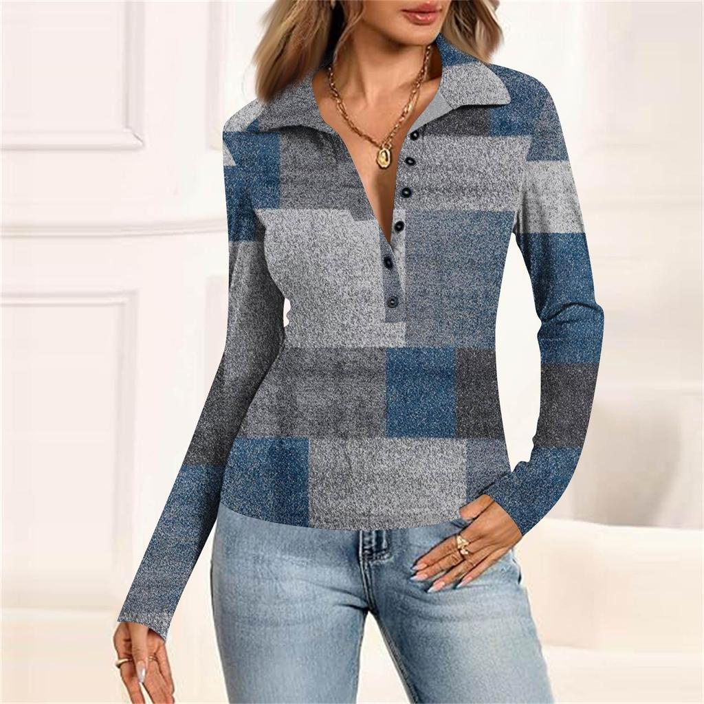 Damenmode Lässig Bedrucktes V-Ausschnitt Langarm Knopfleiste Oberteil