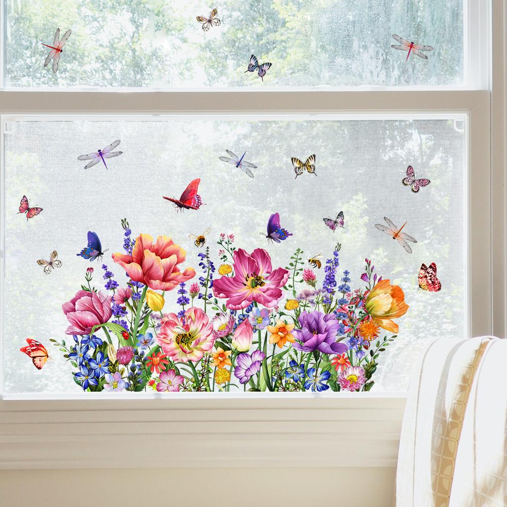 Various Styles of Colorful Butterfly and Floral Static Cling Window Stickers Double-Sided Visible Decorative Window Removable