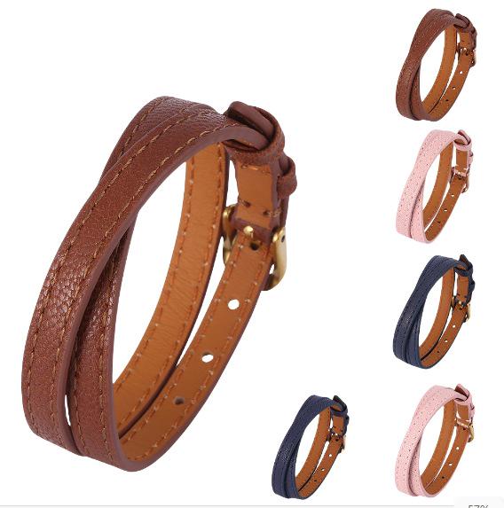 Unisexový dvoupodlažní hnědý kožený náramek se zlatou sponou - Evropský a americký styl módní trend
