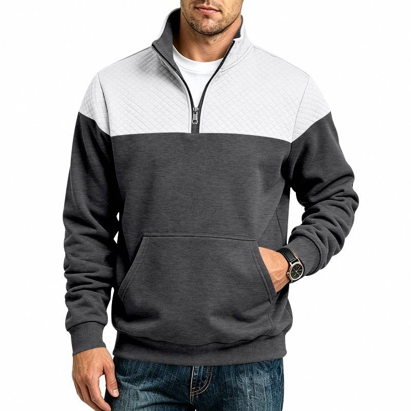 Men S Heavyweight Fleece Long Sleeve Stand Collar Sweatshirt Color Block Pockets