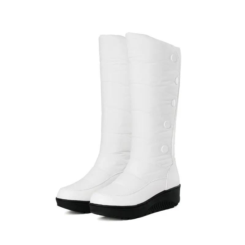 New Forst Winter Snow Boots Women Mid Calf Warm Plush Wedges Shoes Waterproof Down Patchwork PU Buttons Platform Boots