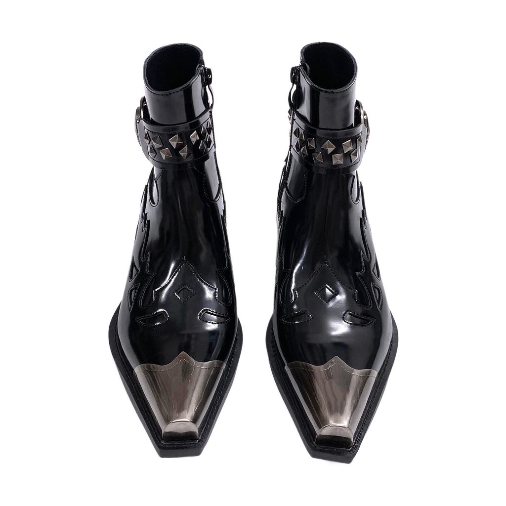 Stivali Western in Metallo Nero Uomo Retro Tacco Spesso Rivettati Punk Stivaletti Corti Stivaletti Chelsea Appuntiti alla Moda Uomo Pelle Donna