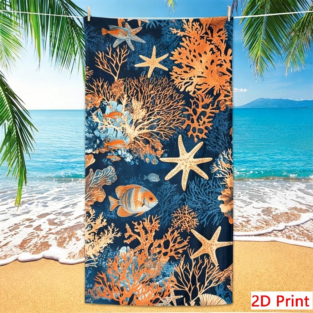 Beautiful Coral Reef Beach Towel, Blue & White Ocean Theme, Ideal for Relaxing by the Water or Poolside